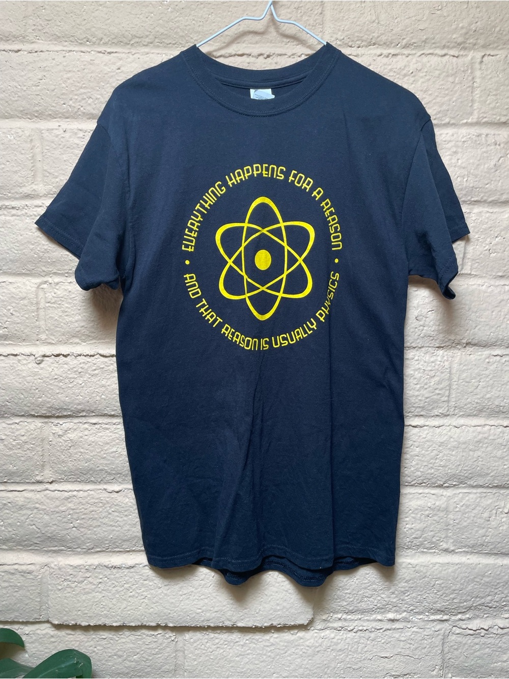 Black Physics Joke Graphic Tee with Yellow Atom Emblem